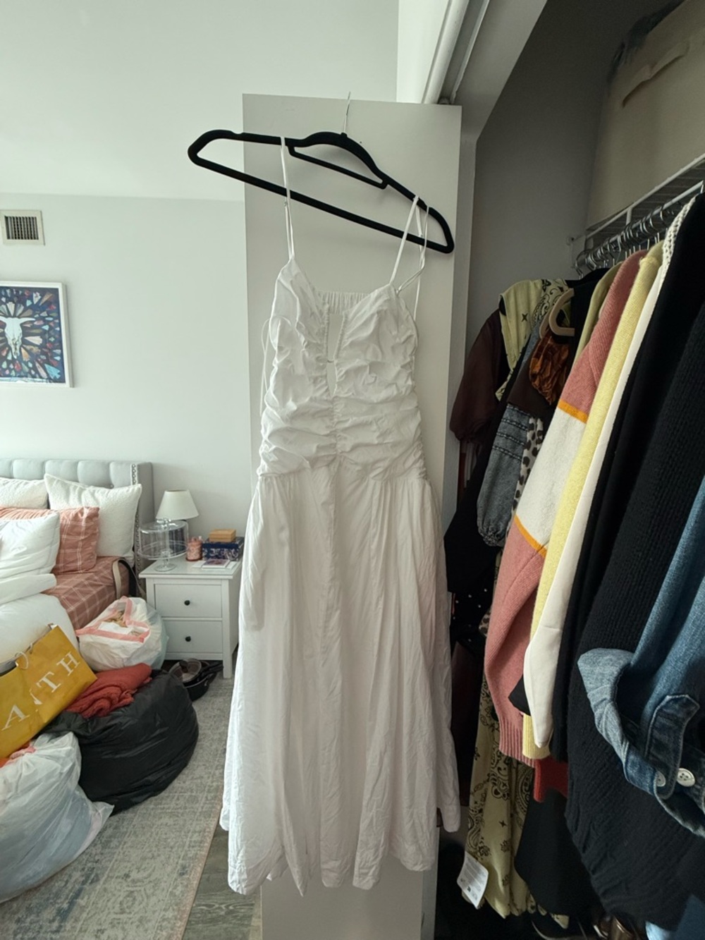 White Ruched Spaghetti-Strap Maxi Dress